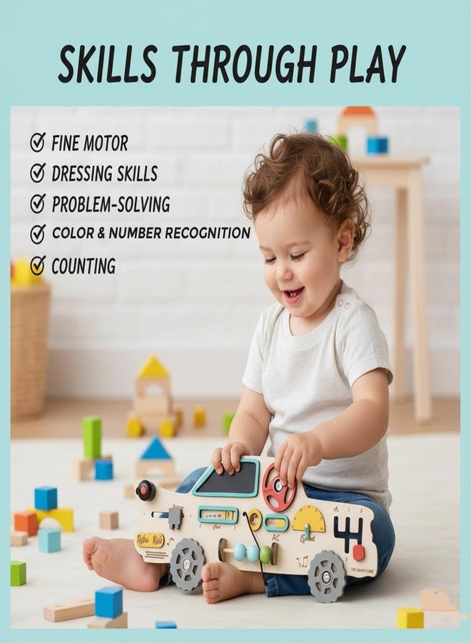 The Funny Mind Retro Car Wooden Busy Board for Toddlers & Kids - 12 Activities Montessori Educational Toy, Sensory Learning Game for 1-5 Years, Colorful, Durable & Safe - Image 4